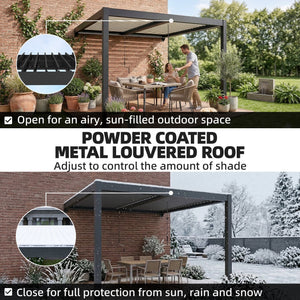 3 x 3 m Louvered Pergola with LED Lights, Adjustable Metal Louvred Roof, Wall Mounted Patio Gazebo Pergola Canopy with Aluminium Frame, Drainage Gutters for Garden Outdoor, Dark Grey