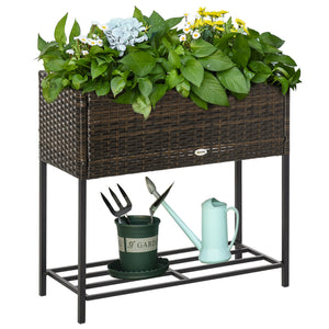 Outsunny Raised Garden Bed, Elevated Planter Box with Rattan Wicker Look, Tool Storage Shelf, Portable Design for Herbs, Vegetables, Flowers, Brown