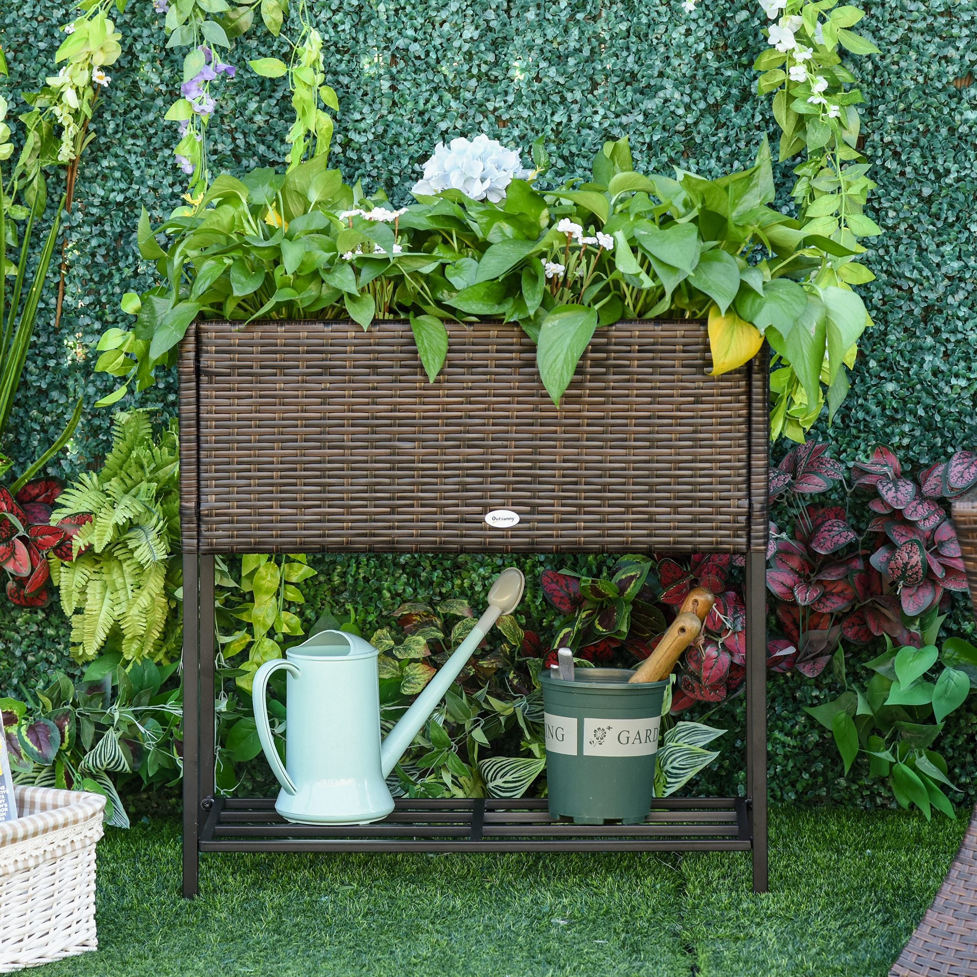 indoor raised planter stand Outsunny Elevated Rattan Planter Box with Tool Storage, Indoor/Outdoor, 28" High
