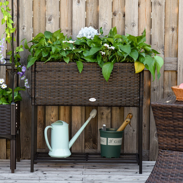 Outsunny Raised Garden Bed, Elevated Planter Box with Rattan Wicker Look, Tool Storage Shelf, Portable Design for Herbs, Vegetables, Flowers, Brown