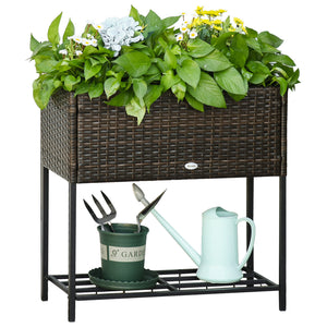 Outsunny Raised Garden Bed, Elevated Planter Box with Rattan Wicker Look, Tool Storage Shelf, Portable Design for Herbs, Vegetables, Flowers, Brown