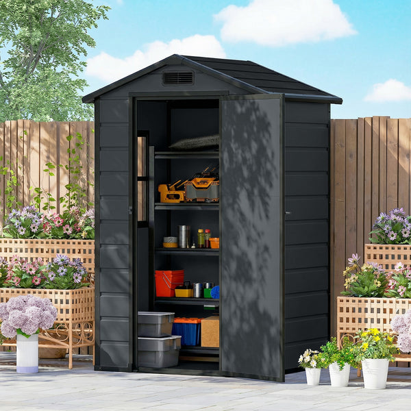 4' x 3' Plastic Garden Shed with Floor, Outdoor Storage Shed with Lockable Door, Window and Vent for Backyard, Patio, Garage, Lawn, Dark Grey
