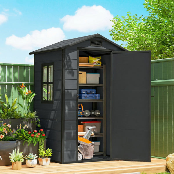 4' x 3' Plastic Garden Shed with Floor, Outdoor Storage Shed with Lockable Door, Window and Vent for Backyard, Patio, Garage, Lawn, Dark Grey