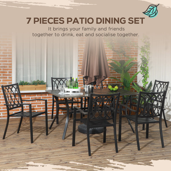 7 Pieces Patio Dining Set for 6 with Stackable Chairs, Outdoor Table and Chairs with Wood Grain Top, for Garden, Backyard, Porch, Brown