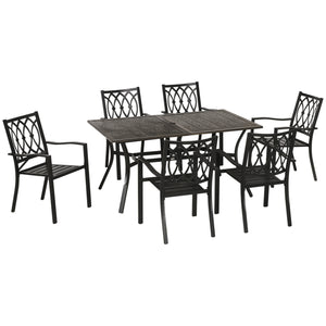 7 Pieces Patio Dining Set for 6 with Stackable Chairs, Outdoor Table and Chairs with Wood Grain Top, for Garden, Backyard, Porch, Brown