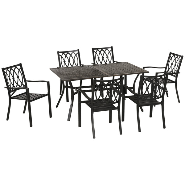 7 Pieces Patio Dining Set for 6 with Stackable Chairs, Outdoor Table and Chairs with Wood Grain Top, for Garden, Backyard, Porch, Brown