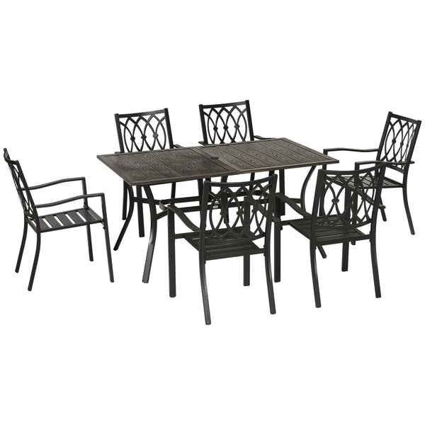 7 Pieces Patio Dining Set for 6 with Stackable Chairs, Outdoor Table and Chairs with Wood Grain Top, for Garden, Backyard, Porch, Brown