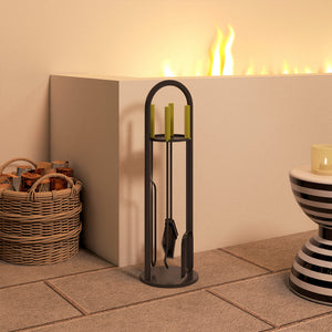 Fireplace Tools Set 5 Pieces Metal Fire Place Kit, Outdoor Indoor Fireside Accessories with Brush, Shovel, Poker, A Pair of Tongs, Stand, Gold