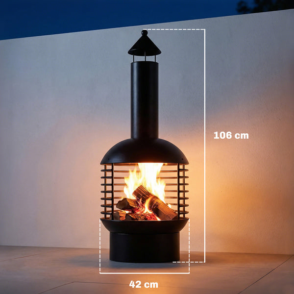 Chimney Fire Pit, Portable Wood Burning Firepit with Poker, Charcoal Grid, Outdoor Fireplace for Garden Patio, Black