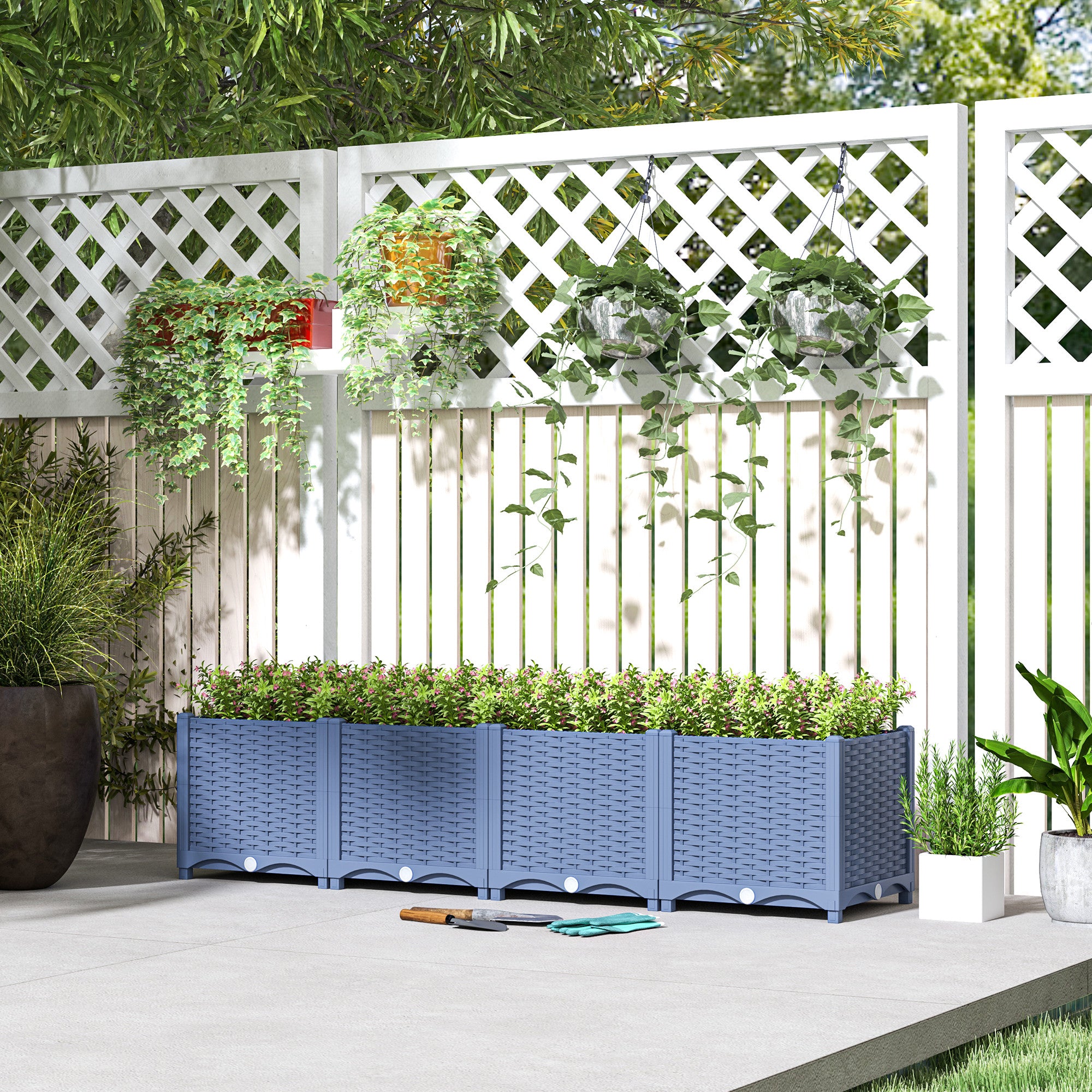 plastic plant fence Outsunny Plastic Raised Garden Bed, 5 x 1 x 1 ft Outdoor Flower Box with Drainage Holes for Vegetables, Herbs, Blue