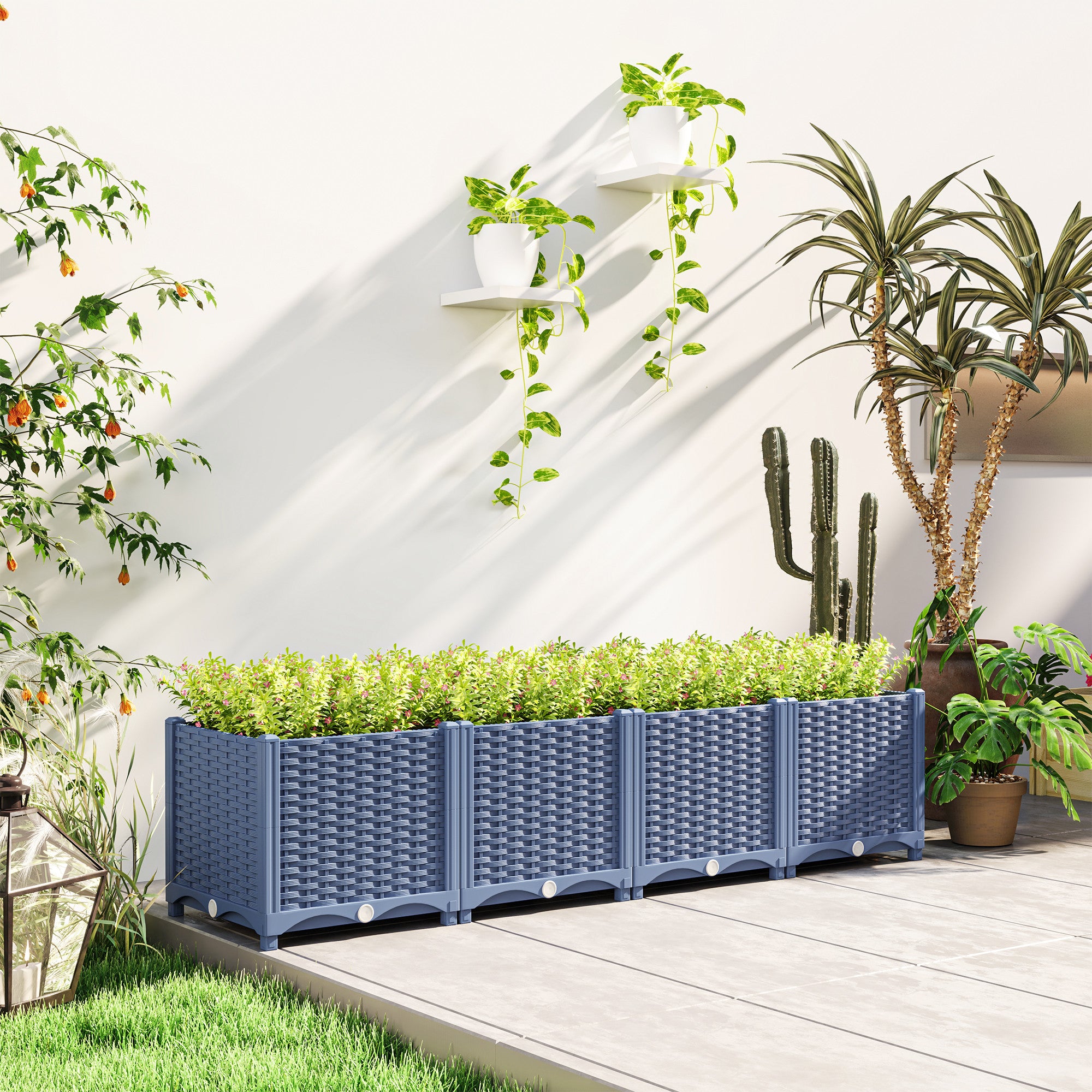 plastic raised garden bed planter Outsunny Plastic Raised Garden Bed, 5 x 1 x 1 ft Outdoor Flower Box with Drainage Holes for Vegetables, Herbs, Blue