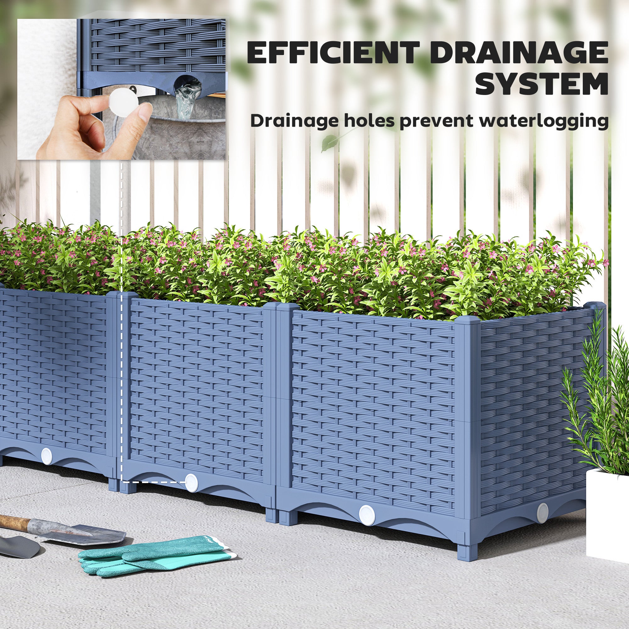plastic planter boxes rectangular Outsunny Plastic Raised Garden Bed, 5 x 1 x 1 ft Outdoor Flower Box with Drainage Holes for Vegetables, Herbs, Blue