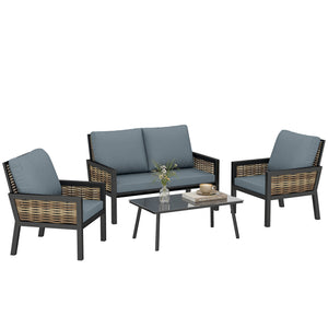 4 Seater Rattan Garden Furniture Set with 2 Armchairs, Loveseat, Coffee Table, Garden Sofa Set with Cushions, Outdoor Furniture Conversation Sets for Patio, Grey
