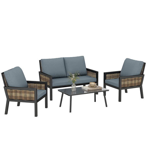 4 Seater Rattan Garden Furniture Set with 2 Armchairs, Loveseat, Coffee Table, Garden Sofa Set with Cushions, Outdoor Furniture Conversation Sets for Patio, Grey