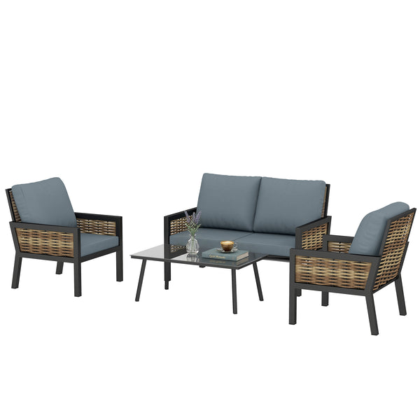 4 Seater Rattan Garden Furniture Set with 2 Armchairs, Loveseat, Coffee Table, Garden Sofa Set with Cushions, Outdoor Furniture Conversation Sets for Patio, Grey