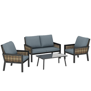 4 Seater Rattan Garden Furniture Set with 2 Armchairs, Loveseat, Coffee Table, Garden Sofa Set with Cushions, Outdoor Furniture Conversation Sets for Patio, Grey