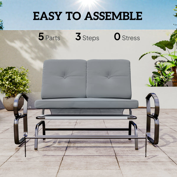 Outdoor Glider Bench, 2-Person Patio Rocker Loveseat with Tufted Cushions, Steel Frame for Porch, Garden Backyard, Gray
