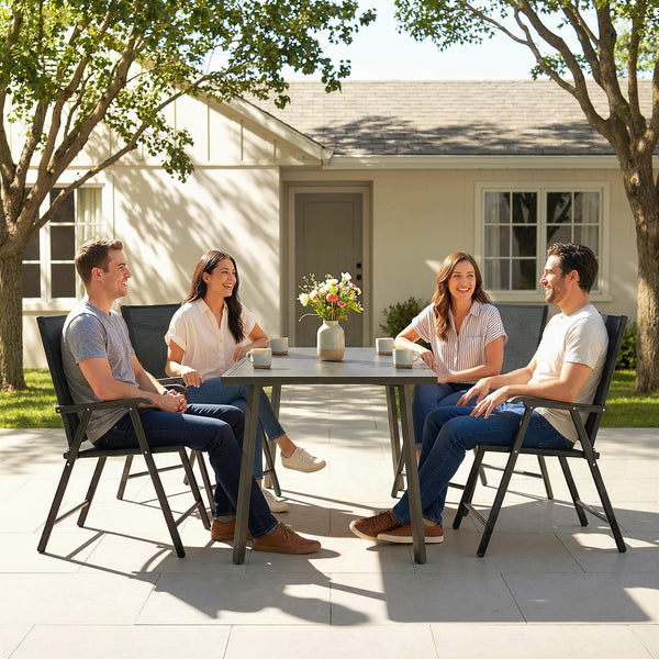 Folding Garden Chairs Set of 4, Foldable Garden Dining Chairs with High Back and Armrests, Breathable Texteline Folding Outdoor Chair Set with Metal Frame for Patio, Balcony, Black
