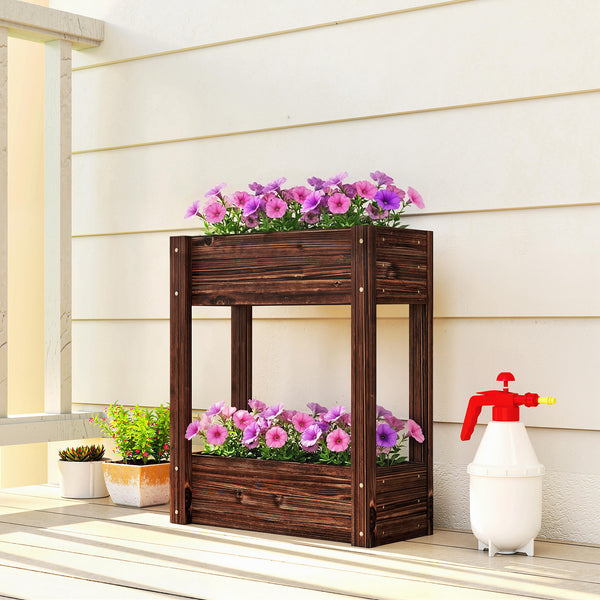 2-Tier Wooden Raised Planter, Raised Garden Bed on Legs with Drainage Holes and Bed Liner, Outdoor Elevated Garden Planter for Vegetables, Herbs, Flowers, 60 x 25 x 70 cm
