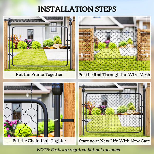 Garden Gate Chain Link Fence Gate, Galvanized Steel Garden Door for Yard Entrance Way, 26-71 in. W x 4 ft. H, Black