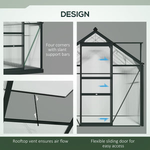 6 x 4ft Polycarbonate Greenhouse, Large Walk-In Green House with Slide Door and Window, Garden Plants Grow House with Aluminium Frame and Foundation, Grey