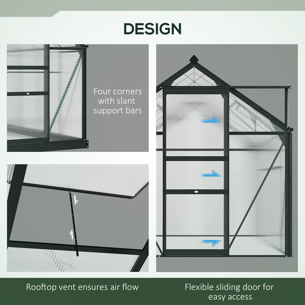 6 x 4ft Polycarbonate Greenhouse, Large Walk-In Green House with Slide Door and Window, Garden Plants Grow House with Aluminium Frame and Foundation, Grey