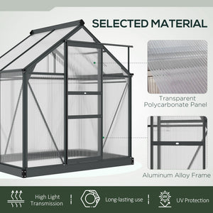6 x 4ft Polycarbonate Greenhouse, Large Walk-In Green House with Slide Door and Window, Garden Plants Grow House with Aluminium Frame and Foundation, Grey