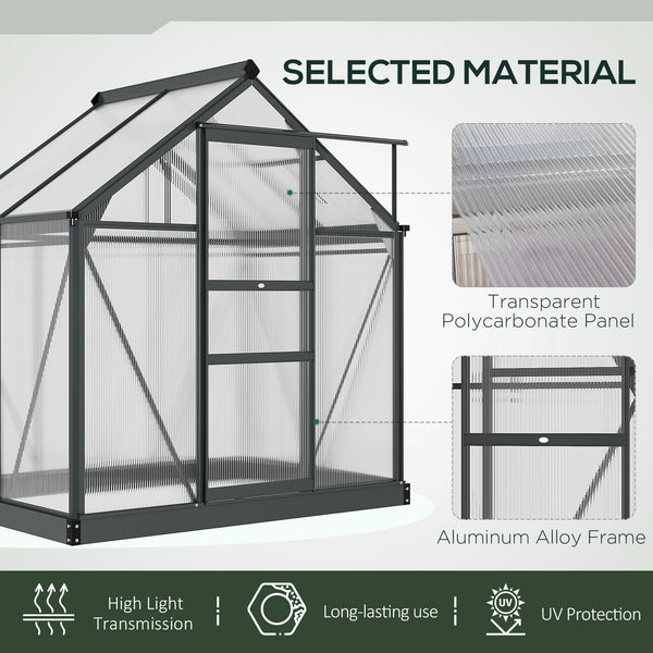 6 x 4ft Polycarbonate Greenhouse, Large Walk-In Green House with Slide Door and Window, Garden Plants Grow House with Aluminium Frame and Foundation, Grey