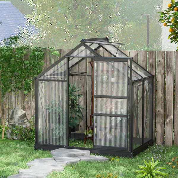 6 x 4ft Polycarbonate Greenhouse, Large Walk-In Green House with Slide Door and Window, Garden Plants Grow House with Aluminium Frame and Foundation, Grey