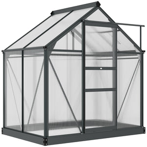 6 x 4ft Polycarbonate Greenhouse, Large Walk-In Green House with Slide Door and Window, Garden Plants Grow House with Aluminium Frame and Foundation, Grey