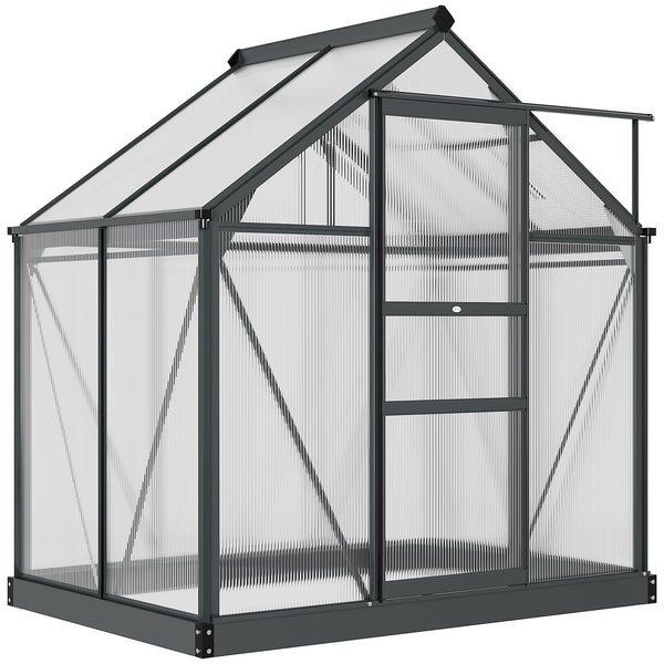6 x 4ft Polycarbonate Greenhouse, Large Walk-In Green House with Slide Door and Window, Garden Plants Grow House with Aluminium Frame and Foundation, Grey