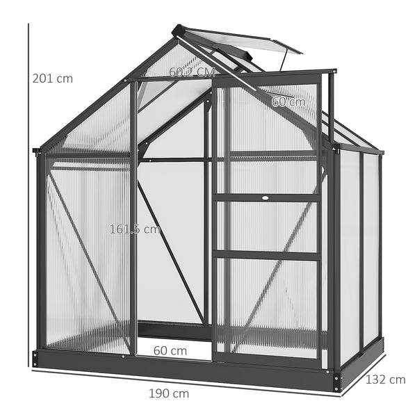 6 x 4ft Polycarbonate Greenhouse, Large Walk-In Green House with Slide Door and Window, Garden Plants Grow House with Aluminium Frame and Foundation, Grey