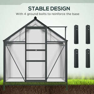 6 x 4ft Polycarbonate Greenhouse, Large Walk-In Green House with Slide Door and Window, Garden Plants Grow House with Aluminium Frame and Foundation, Grey