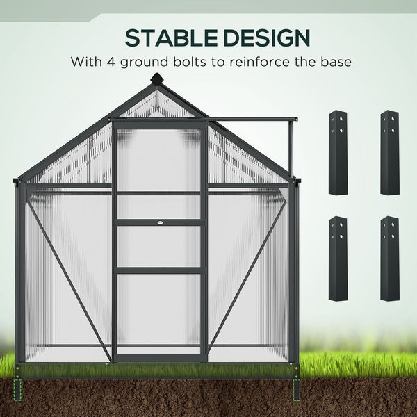 6 x 4ft Polycarbonate Greenhouse, Large Walk-In Green House with Slide Door and Window, Garden Plants Grow House with Aluminium Frame and Foundation, Grey