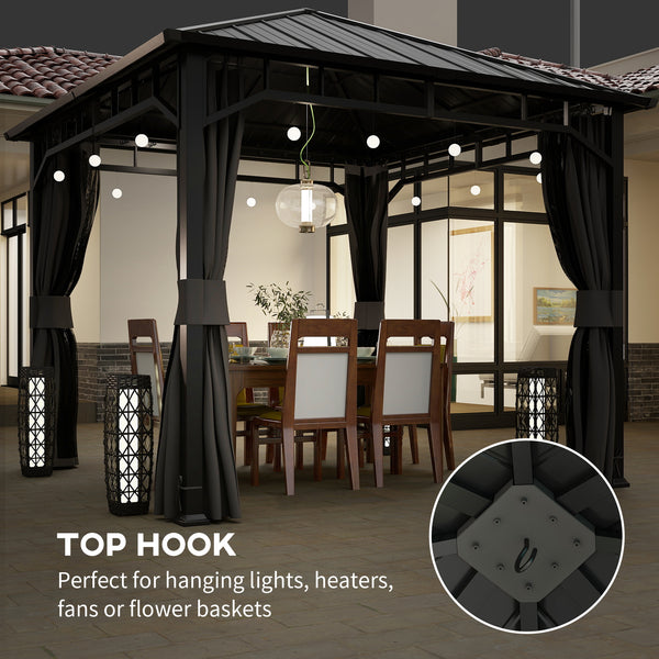 3 x 3(m) Hardtop Gazebo with Galvanised Steel Roof and Water Gutter, Waterproof Permanent Pavilion Garden Gazebo with Netting and Curtains for Patio, Deck