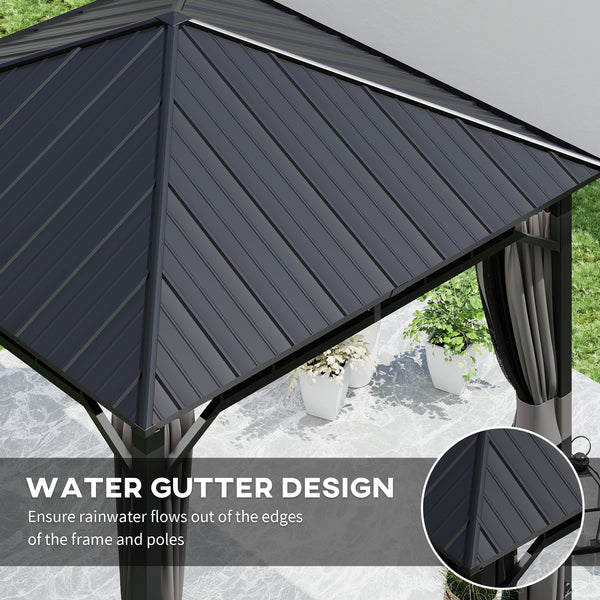 3 x 3(m) Hardtop Gazebo with Galvanised Steel Roof and Water Gutter, Waterproof Permanent Pavilion Garden Gazebo with Netting and Curtains for Patio, Deck
