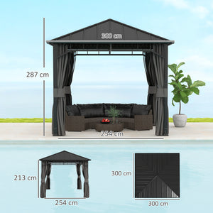 3 x 3(m) Hardtop Gazebo with Galvanised Steel Roof and Water Gutter, Waterproof Permanent Pavilion Garden Gazebo with Netting and Curtains for Patio, Deck