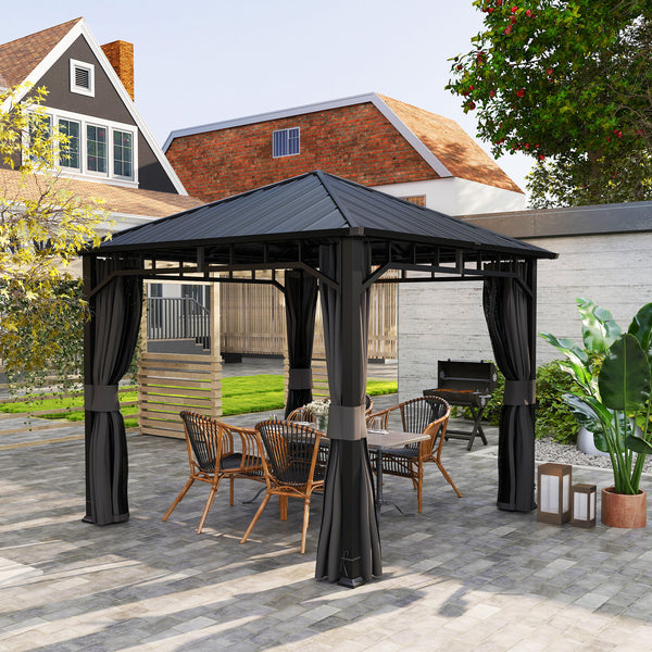 3 x 3(m) Hardtop Gazebo with Galvanised Steel Roof and Water Gutter, Waterproof Permanent Pavilion Garden Gazebo with Netting and Curtains for Patio, Deck