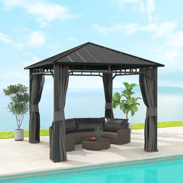 3 x 3(m) Hardtop Gazebo with Galvanised Steel Roof and Water Gutter, Waterproof Permanent Pavilion Garden Gazebo with Netting and Curtains for Patio, Deck