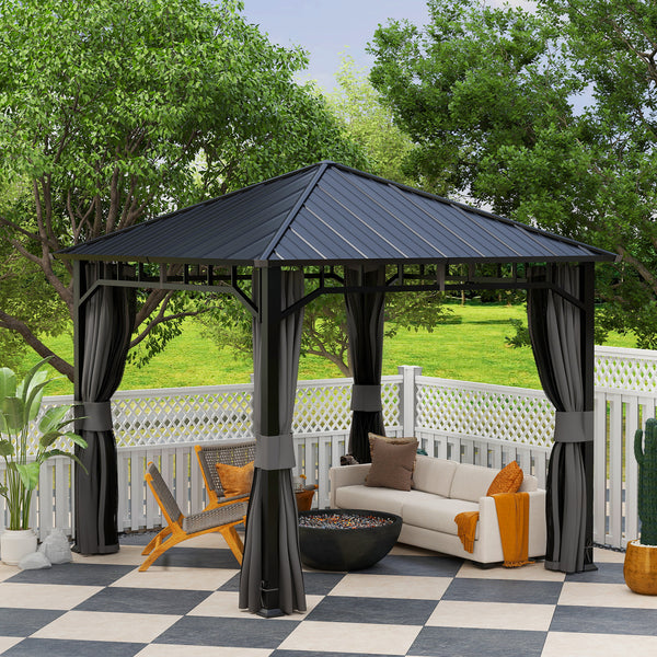 3 x 3(m) Hardtop Gazebo with Galvanised Steel Roof and Water Gutter, Waterproof Permanent Pavilion Garden Gazebo with Netting and Curtains for Patio, Deck