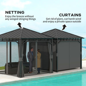 3 x 3(m) Hardtop Gazebo with Galvanised Steel Roof and Water Gutter, Waterproof Permanent Pavilion Garden Gazebo with Netting and Curtains for Patio, Deck