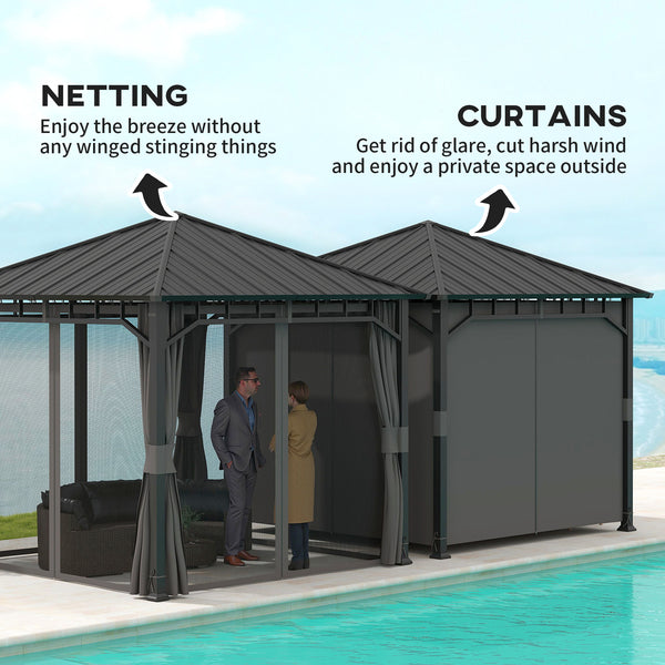 3 x 3(m) Hardtop Gazebo with Galvanised Steel Roof and Water Gutter, Waterproof Permanent Pavilion Garden Gazebo with Netting and Curtains for Patio, Deck