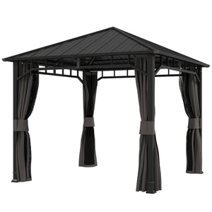 3 x 3(m) Hardtop Gazebo with Galvanised Steel Roof and Water Gutter, Waterproof Permanent Pavilion Garden Gazebo with Netting and Curtains for Patio, Deck