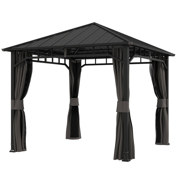 3 x 3(m) Hardtop Gazebo with Galvanised Steel Roof and Water Gutter, Waterproof Permanent Pavilion Garden Gazebo with Netting and Curtains for Patio, Deck