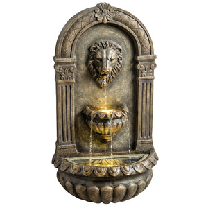 31" Wall-Mounted 3-Tier Outdoor Fountain, Cascading Waterfall Feature with LED Lights and Adjustable Flow, Resin Garden Fountain for Patio Backyard, Rustic Brown