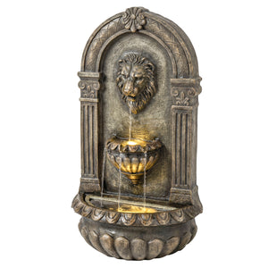 31" Wall-Mounted 3-Tier Outdoor Fountain, Cascading Waterfall Feature with LED Lights and Adjustable Flow, Resin Garden Fountain for Patio Backyard, Rustic Brown