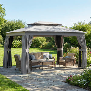 10' x 12.5' Outdoor Gazebo with Curtains and Netting, Double Roof Patio Gazebo Permanent Pavilion Canopy Shelter with Metal Frame, Hooks, UPF30+ Protection, Dark Grey