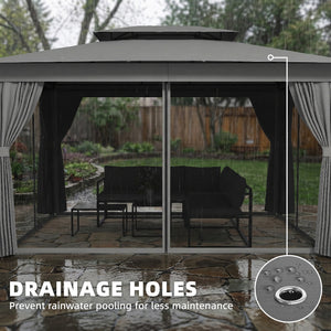 10' x 12.5' Outdoor Gazebo with Curtains and Netting, Double Roof Patio Gazebo Permanent Pavilion Canopy Shelter with Metal Frame, Hooks, UPF30+ Protection, Dark Grey