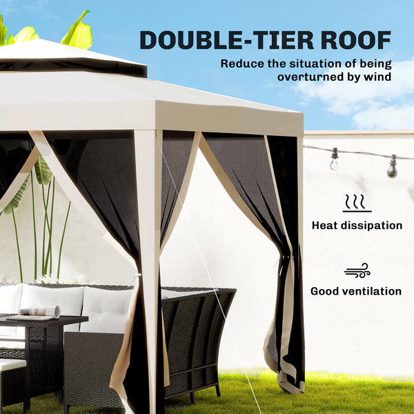 10' x 10' Canopy Tent, Party Tent with Mesh Netting and Double Tier Roof for Backyard, Garden, Patio, Outdoor, Beige