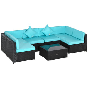 Outsunny 7-Piece Patio Furniture Set, Outdoor Wicker Conversation Set, All Weather PE Rattan Sectional Sofa Set with Cushions and Tempered Glass Top Coffee Table, Pillows, Turquoise